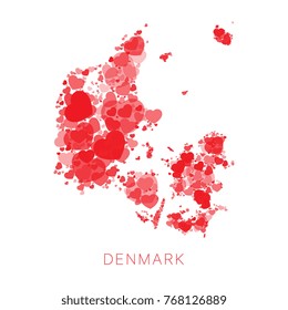 mosaic of red hearts of different sizes and degrees of transparency in shape of map of denmark on white background