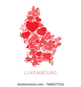 mosaic of red hearts of different sizes and degrees of transparency in shape of map of luxembourg on white background