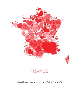 mosaic of red hearts of different sizes and degrees of transparency in shape of map of france on white background