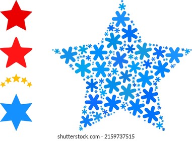 Mosaic red star icon is constructed for winter, New Year, Christmas. Red star icon mosaic is constructed of light blue snow icons. Some bonus icons are added.