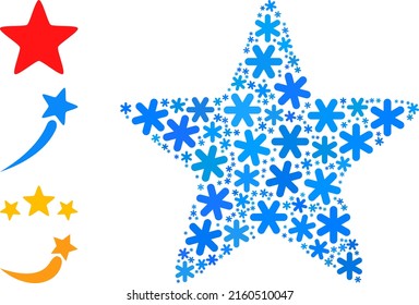 Pictograma de estrella roja mosaico diseñado para invierno, Año Nuevo, Navidad. El mosaico de iconos de la estrella roja está diseñado con partes de nieve azul claro. Se añaden algunos iconos adicionales.
