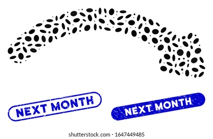 Mosaic redo and corroded stamp watermarks with Next Month caption. Mosaic vector redo is designed with scattered elliptic items. Next Month stamp seals use blue color, and have round rectangle shape.
