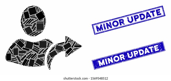 Mosaic redo pictogram and rectangle rubber prints. Flat vector redo mosaic pictogram of randomized rotated rectangle items. Blue caption watermarks with scratched texture.