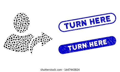 Mosaic redo and rubber stamp seals with Turn Here caption. Mosaic vector redo is created with scattered oval parts. Turn Here stamp seals use blue color, and have round rectangle shape.