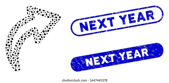 Sellos de goma y reconstitución de mosaico con texto del año siguiente. El rehacer del vector mosaico se forma con elementos ovales aleatorizados. Los sellos de sello del año siguiente utilizan color azul y tienen forma rectangular redonda.