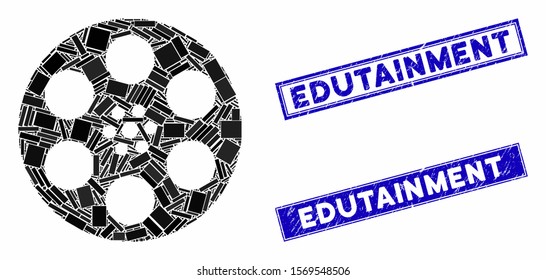 Mosaic reel pictogram and rectangular watermarks. Flat vector reel mosaic pictogram of randomized rotated rectangular items. Blue caption seals with scratched surface.