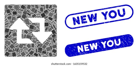Mosaic refresh arrows and distressed stamp seals with New You caption. Mosaic vector refresh arrows is formed with randomized rectangle items. New You stamp seals use blue color,