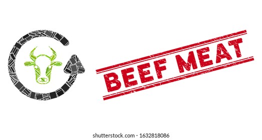 Mosaic refresh bull icon and red Beef Meat stamp between double parallel lines. Flat vector refresh bull mosaic icon of scattered rotated rectangle items.