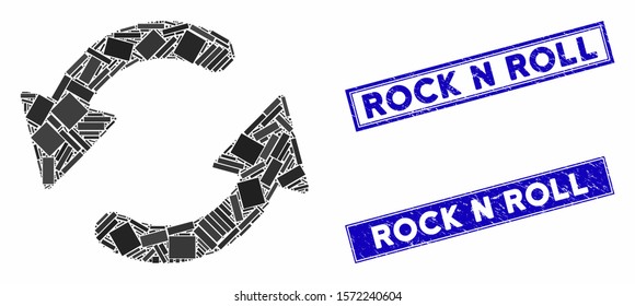 Mosaic refresh CCW pictogram and rectangle Rock N Roll seal stamps. Flat vector refresh CCW mosaic pictogram of scattered rotated rectangle elements.