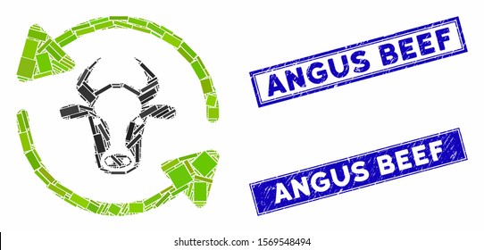 Mosaic refresh cow icon and rectangle seals. Flat vector refresh cow mosaic icon of randomized rotated rectangle items. Blue caption seals with scratched surface.