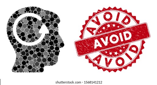 Mosaic refresh head memory and grunge stamp seal with Avoid phrase. Mosaic vector is created with refresh head memory icon and with random round elements. Avoid seal uses red color, and grunge design.