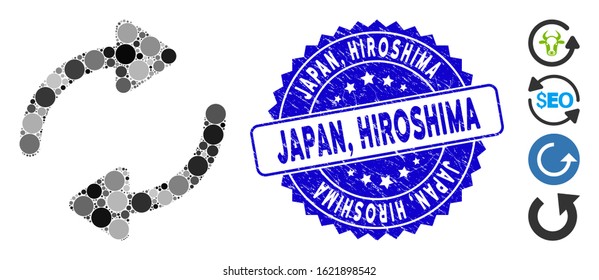 Mosaic refresh icon and corroded stamp seal with Japan, Hiroshima phrase. Mosaic vector is designed with refresh pictogram and with random round elements. Japan, Hiroshima stamp seal uses blue color,