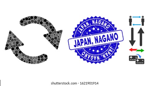 Mosaic refresh icon and corroded stamp seal with Japan, Nagano caption. Mosaic vector is formed with refresh icon and with randomized round spots. Japan, Nagano stamp uses blue color,