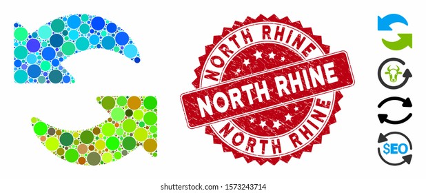 Mosaic refresh icon and grunge stamp seal with North Rhine text. Mosaic vector is composed from refresh icon and with randomized round elements. North Rhine stamp seal uses red color,