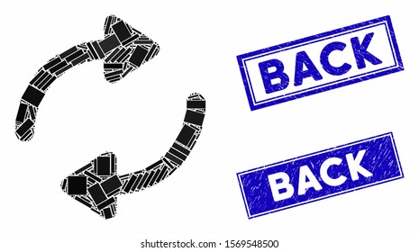 Mosaic refresh icon and rectangle seals. Flat vector refresh mosaic icon of random rotated rectangle elements. Blue caption rubber stamps with dirty texture.