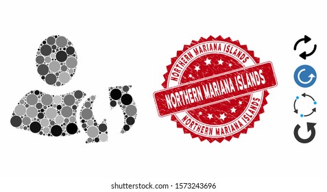 Mosaic refresh icon and rubber stamp seal with Northern Mariana Islands phrase. Mosaic vector is composed with refresh icon and with random circle elements.