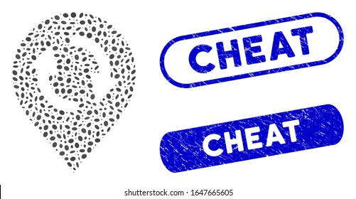 Mosaic refresh map marker and distressed stamp seals with Cheat text. Mosaic vector refresh map marker is formed with scattered ellipse dots. Cheat seals use blue color,