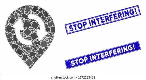 Mosaic refresh map marker pictogram and rectangular Stop Interfering! rubber prints. Flat vector refresh map marker mosaic pictogram of random rotated rectangular elements.