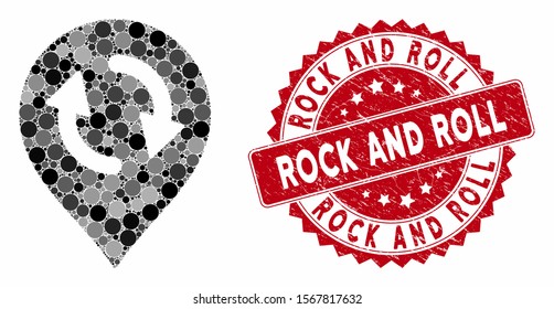 Mosaic refresh map marker and rubber stamp seal with Rock and Roll phrase. Mosaic vector is designed with refresh map marker icon and with scattered circle items. Rock and Roll stamp uses red color,