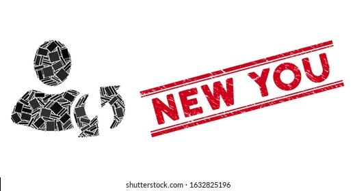 Mosaic refresh pictogram and red New You watermark between double parallel lines. Flat vector refresh mosaic pictogram of scattered rotated rectangle items.
