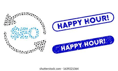 Mosaic refresh seo and distressed stamp seals with Happy Hour! caption. Mosaic vector refresh seo is formed with scattered elliptic items. Happy Hour! stamp seals use blue color,