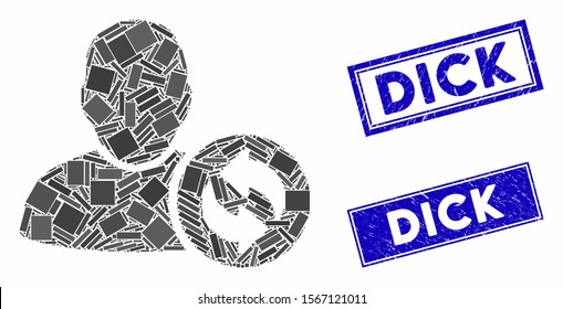 Mosaic refresh user icon and rectangle stamps. Flat vector refresh user mosaic icon of scattered rotated rectangle elements. Blue caption stamps with rubber surface.