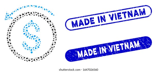 Mosaic refund and distressed stamp seals with Made in Vietnam text. Mosaic vector refund is created with scattered oval parts. Made in Vietnam stamp seals use blue color,
