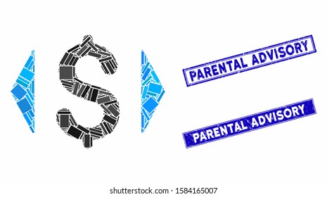 Mosaic regulate price pictogram and rectangle Parental Advisory stamps. Flat vector regulate price mosaic pictogram of randomized rotated rectangular elements.