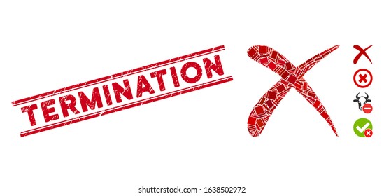 Mosaic reject icon and red Termination stamp between double parallel lines. Flat vector reject mosaic icon of randomized rotated rectangular elements.