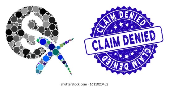Mosaic reject payment icon and distressed stamp seal with Claim Denied caption. Mosaic vector is created with reject payment pictogram and with scattered circle items.