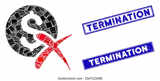 Mosaic reject payment icon and rectangle seals. Flat vector reject payment mosaic icon of randomized rotated rectangle elements. Blue caption seals with rubber textures.