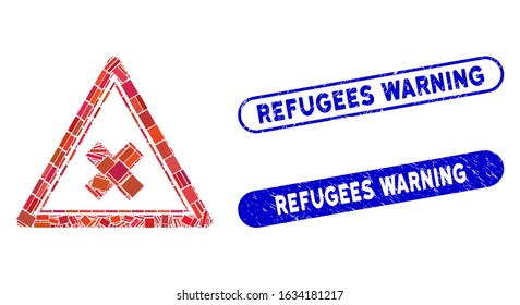 Mosaic reject triangle and rubber stamp seals with Refugees Warning phrase. Mosaic vector reject triangle is composed with randomized rectangles. Refugees Warning stamp seals use blue color,