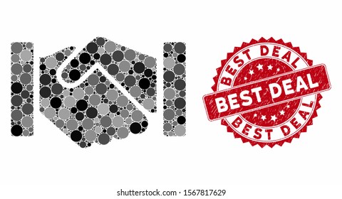 Mosaic relation handshake and corroded stamp seal with Best Deal text. Mosaic vector is formed with relation handshake icon and with random round elements. Best Deal stamp seal uses red color,