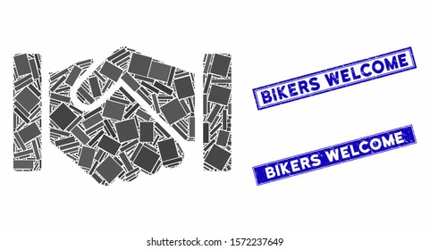 Mosaic relation handshake pictogram and rectangular Bikers Welcome stamps. Flat vector relation handshake mosaic pictogram of random rotated rectangular elements.