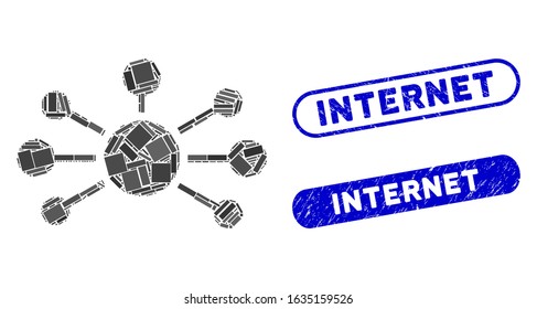 Mosaic relation links and distressed stamp watermarks with Internet text. Mosaic vector relation links is designed with random rectangles. Internet stamp seals use blue color,