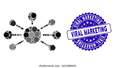 Mosaic relation links icon and grunge stamp seal with Viral Marketing text. Mosaic vector is composed with relation links icon and with scattered round items. Viral Marketing stamp uses blue color,