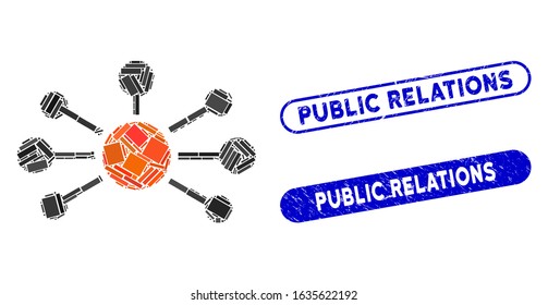 Mosaic relations and corroded stamp seals with Public Relations phrase. Mosaic vector relations is composed with scattered rectangle items. Public Relations stamp seals use blue color,