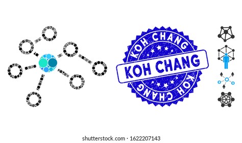 Mosaic relations icon and rubber stamp seal with Koh Chang caption. Mosaic vector is designed from relations icon and with random spheric elements. Koh Chang stamp seal uses blue color,