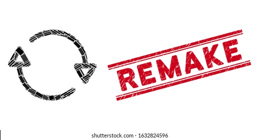 Mosaic reload icon and red Remake rubber print between double parallel lines. Flat vector reload mosaic icon of randomized rotated rectangle elements. Red Remake rubber seal with corroded surface.