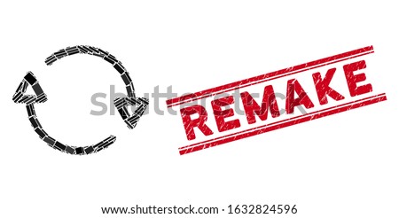 Mosaic reload icon and red Remake rubber print between double parallel lines. Flat vector reload mosaic icon of randomized rotated rectangle elements. Red Remake rubber seal with corroded surface.