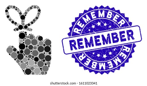 Mosaic remember knot icon and corroded stamp seal with Remember caption. Mosaic vector is created with remember knot pictogram and with randomized spheric items. Remember seal uses blue color,