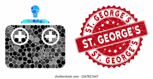 Mosaic remote control device and corroded stamp seal with St. George'S caption. Mosaic vector is composed with remote control device icon and with scattered circle items. St.