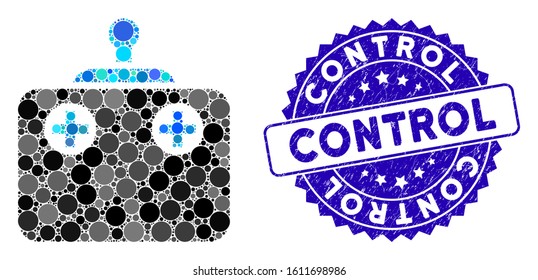 Mosaic remote control icon and distressed stamp seal with Control caption. Mosaic vector is designed with remote control icon and with randomized round elements. Control stamp seal uses blue color,