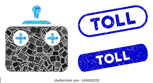 Mosaic remote control and rubber stamp seals with Toll phrase. Mosaic vector remote control is created with randomized rectangle items. Toll stamp seals use blue color, and have round rectangle shape.