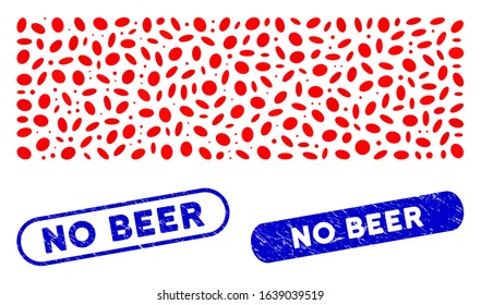 Mosaic remove and corroded stamp seals with No Beer text. Mosaic vector remove is formed with scattered ellipse parts. No Beer stamp seals use blue color, and have round rectangle shape.