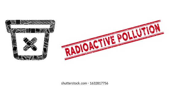 Mosaic remove data pictogram and red Radioactive Pollution seal stamp between double parallel lines. Flat vector remove data mosaic pictogram of random rotated rectangular elements.
