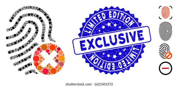 Mosaic remove fingerprint icon and distressed stamp watermark with Limited Edition Exclusive text. Mosaic vector is created with remove fingerprint icon and with scattered round elements.
