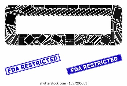 Mosaic remove icon and rectangular seal stamps. Flat vector remove mosaic icon of random rotated rectangular items. Blue caption seal stamps with dirty texture.