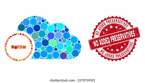 Mosaic remove and rubber stamp seal with No Added Preservatives phrase. Mosaic vector is created with remove icon and with randomized spheric elements. No Added Preservatives seal uses red color,