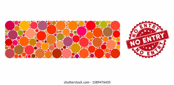 Mosaic remove and rubber stamp seal with No Entry caption. Mosaic vector is composed with remove icon and with randomized spheric elements. No Entry stamp uses red color, and rubber texture.